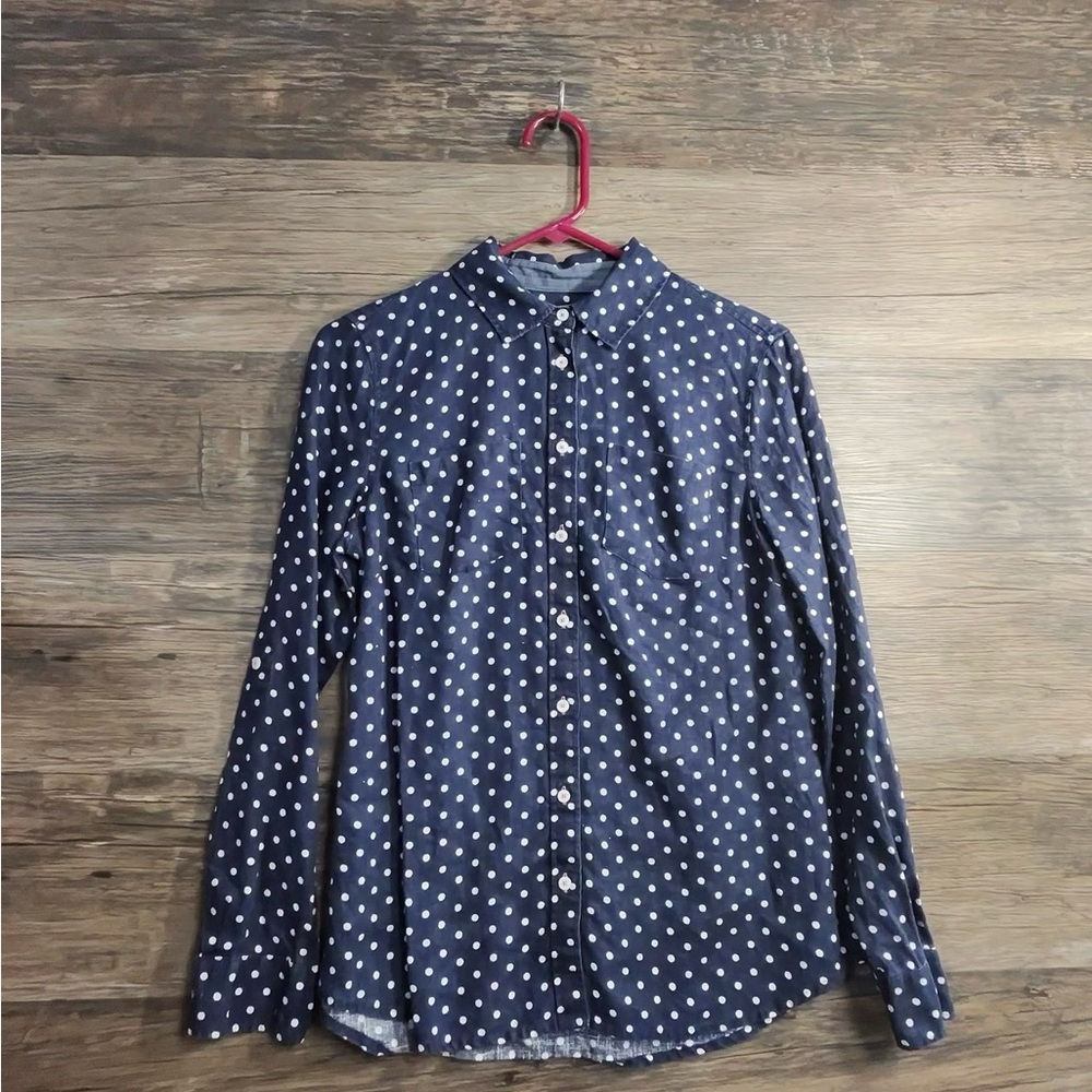 Talbots Navy Blue and White Polka Dot Button Down Shirt